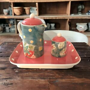 April Cornell Tea Set Ceramic Vintage Sugar Creamer Tray Floral Polka Dots 2002.